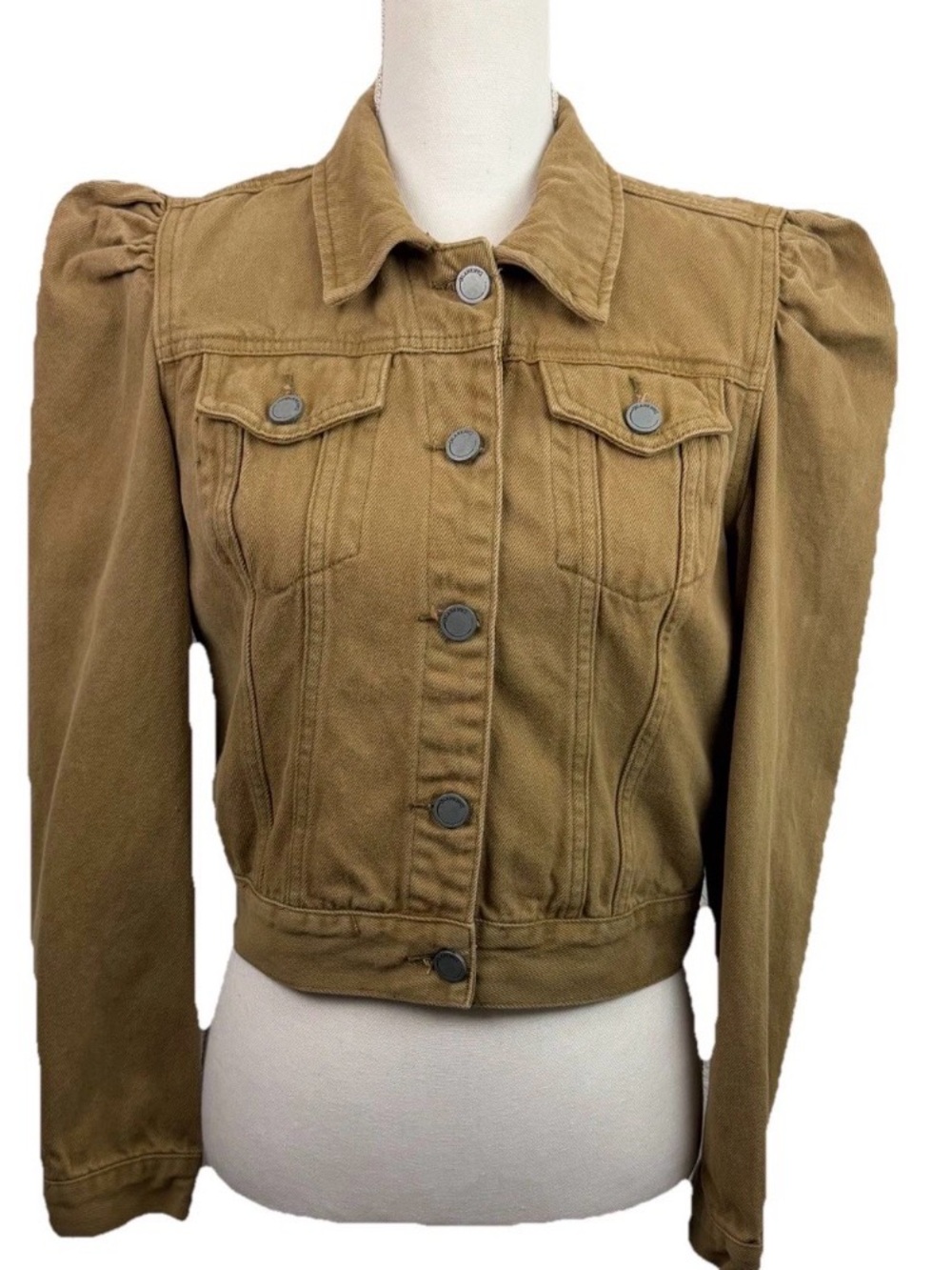 Blank NYC | Tan Denim Puff Shoulder Crop Jean Jacket